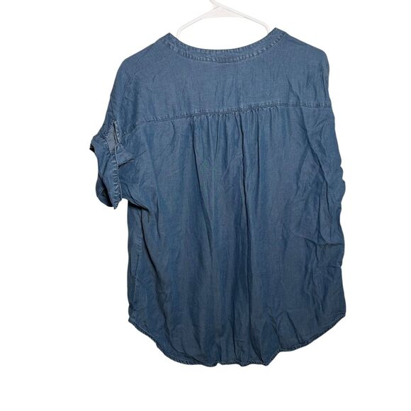 Ruby Rd Blouse Women's Petite Large Blue Popover Chambray Short Sleeve Tie Top - Picture 5 of 10